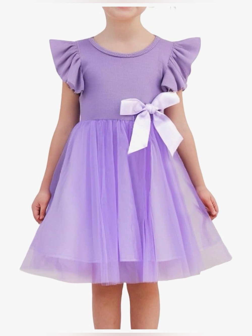 Purple Tulle Tutu Dress , Girla Size  7(150),Toddler Ruffle Sleeves Bow Princess